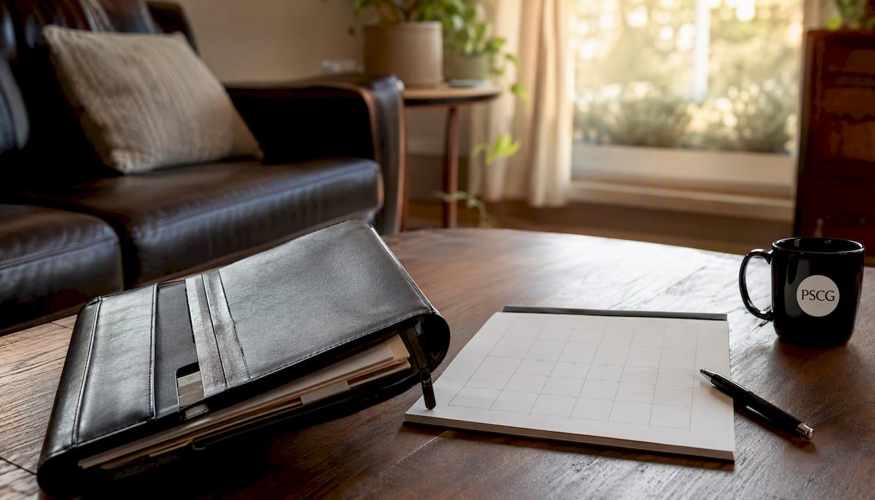 Desk with portfolio and calendar for campaign planning