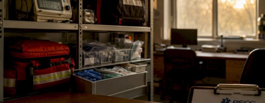 Ambulance medical equipment compartments open