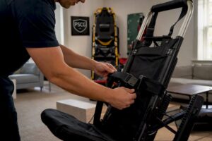Hands adjusting EMS stair chair straps