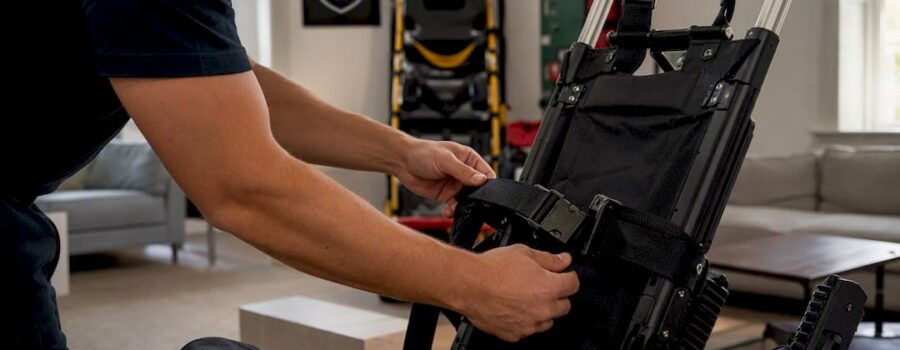 Hands adjusting EMS stair chair straps