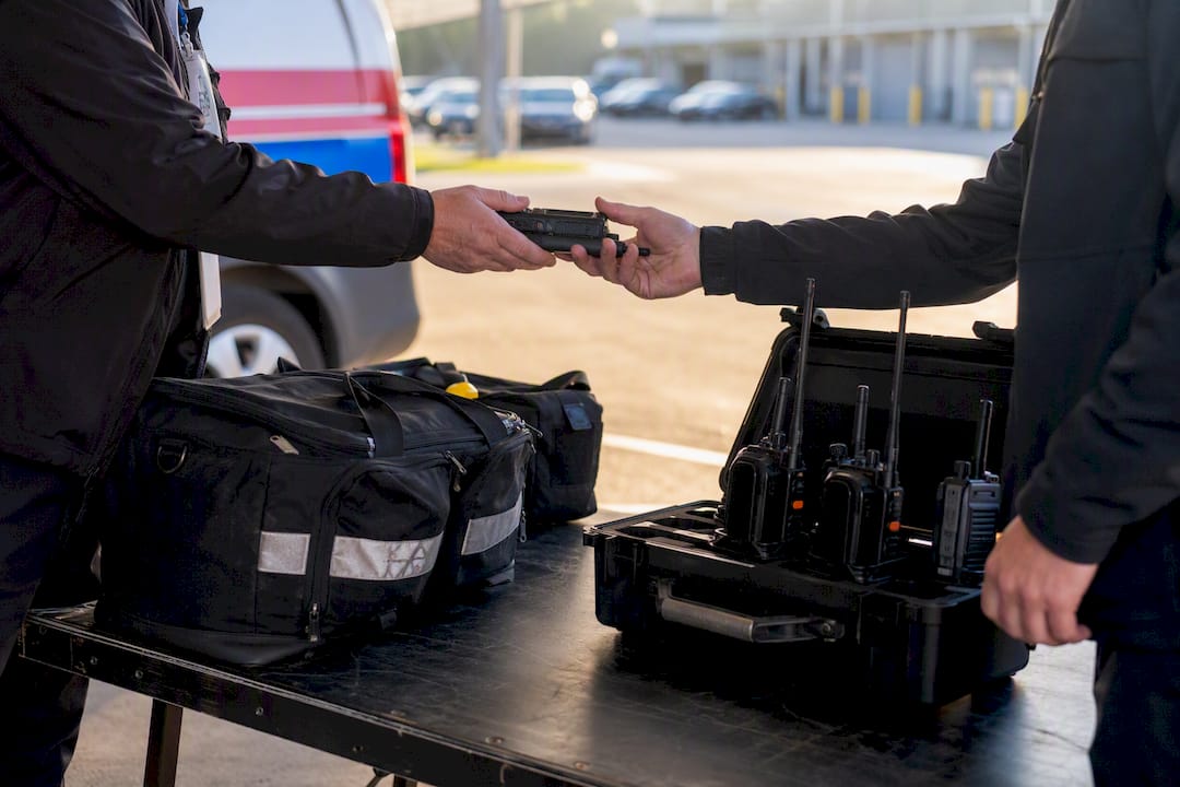 EMS equipment handover in ambulance bay with PSCG logo
