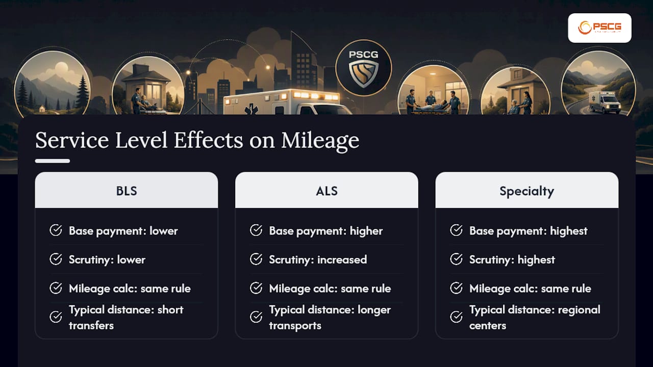 How ALS and BLS Service Levels Affect Mileage Billing — overview diagram