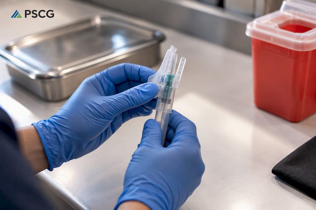 Gloved hands inspecting safer EMS medical device