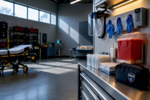 EMS safety station with PPE and sharps container