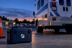 Unbranded ambulance at municipal fleet lot