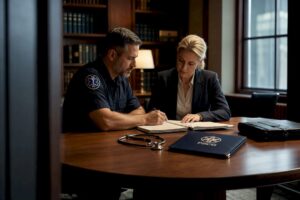 EMS expert reviewing testimony materials with counsel
