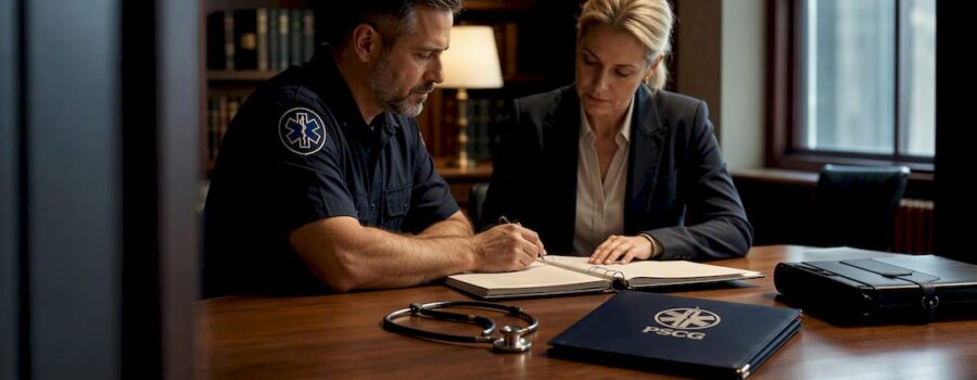 EMS expert reviewing testimony materials with counsel