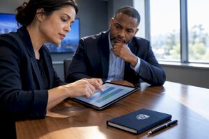 Managers reviewing performance gaps in meeting