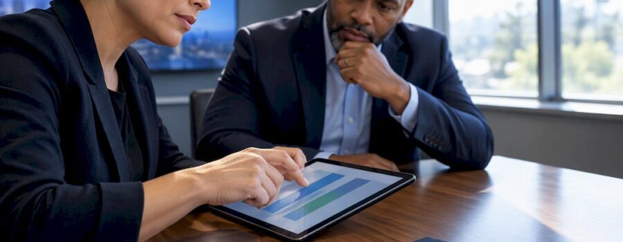 Managers reviewing performance gaps in meeting