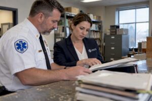 Municipal leaders reviewing ambulance oversight records