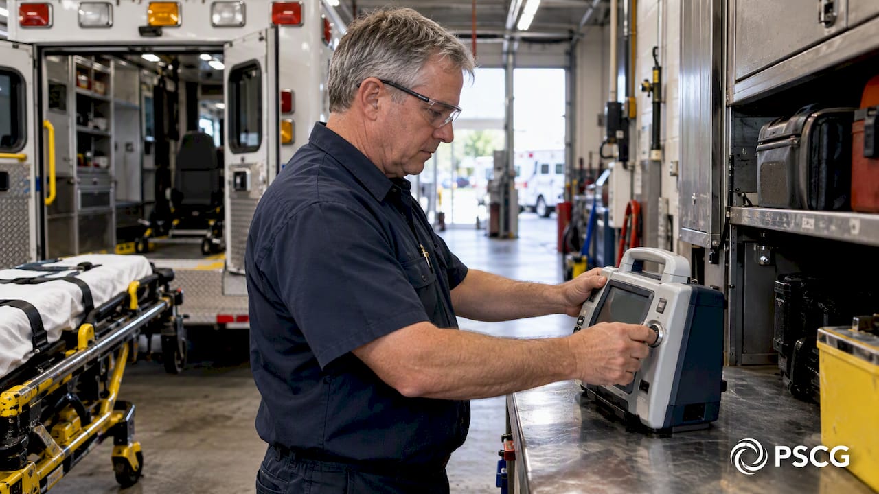 Inspector checking ambulance equipment calibration