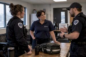 EMS crew conducting a brief post-call debrief