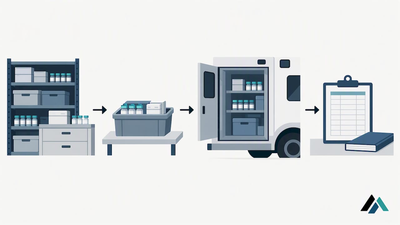 Illustrated medication restock with documentation checkpoint