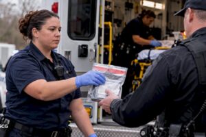 EMS clinician handing sealed evidence bag to officer