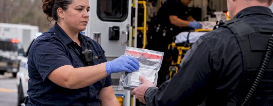 EMS clinician handing sealed evidence bag to officer