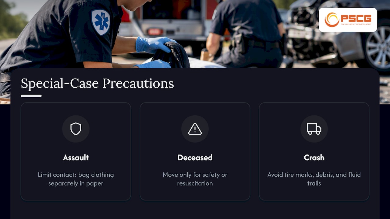 Evidence precautions for assault death and crash scenes
