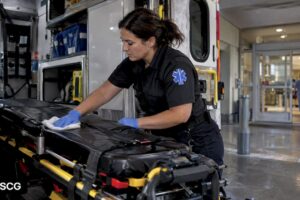 Paramedic resetting stretcher after hospital handover