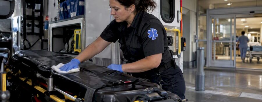 Paramedic resetting stretcher after hospital handover